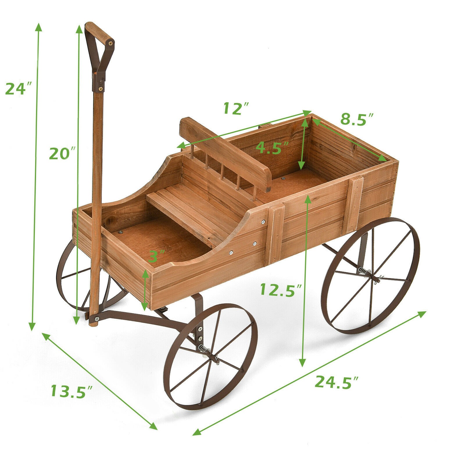 Garden Plant Planter Wooden Wagon Planter W/ Wheel Garden Yard Brown