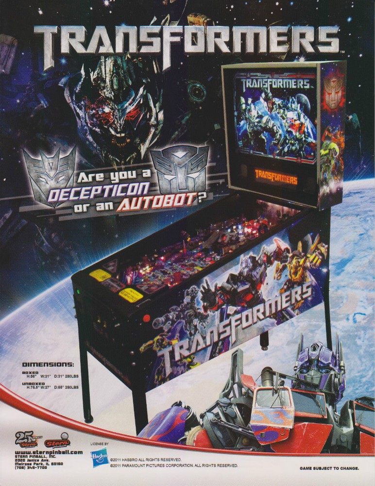 2011 STERN TRANSFORMERS PINBALL FLYER