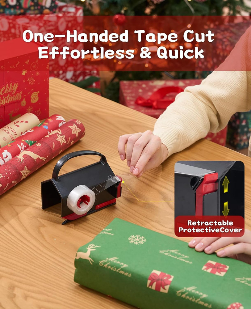 (2-Pack) Wrapping Paper Cutter & Tape Dispenser Dual Use with 4 Tapes，2 Replace