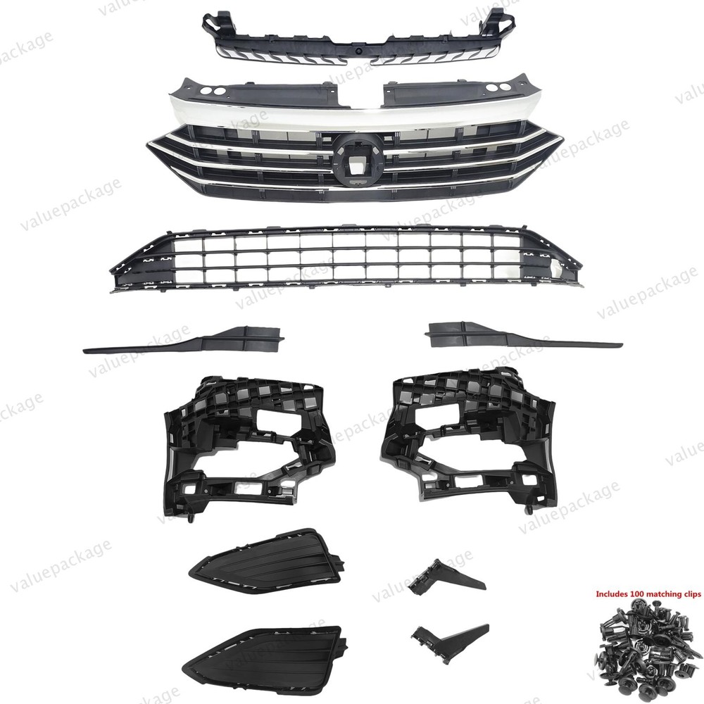 11PC For Jetta 2019-2021 Upper Lower Grille Mesh Bumper Retainer Support Bracket