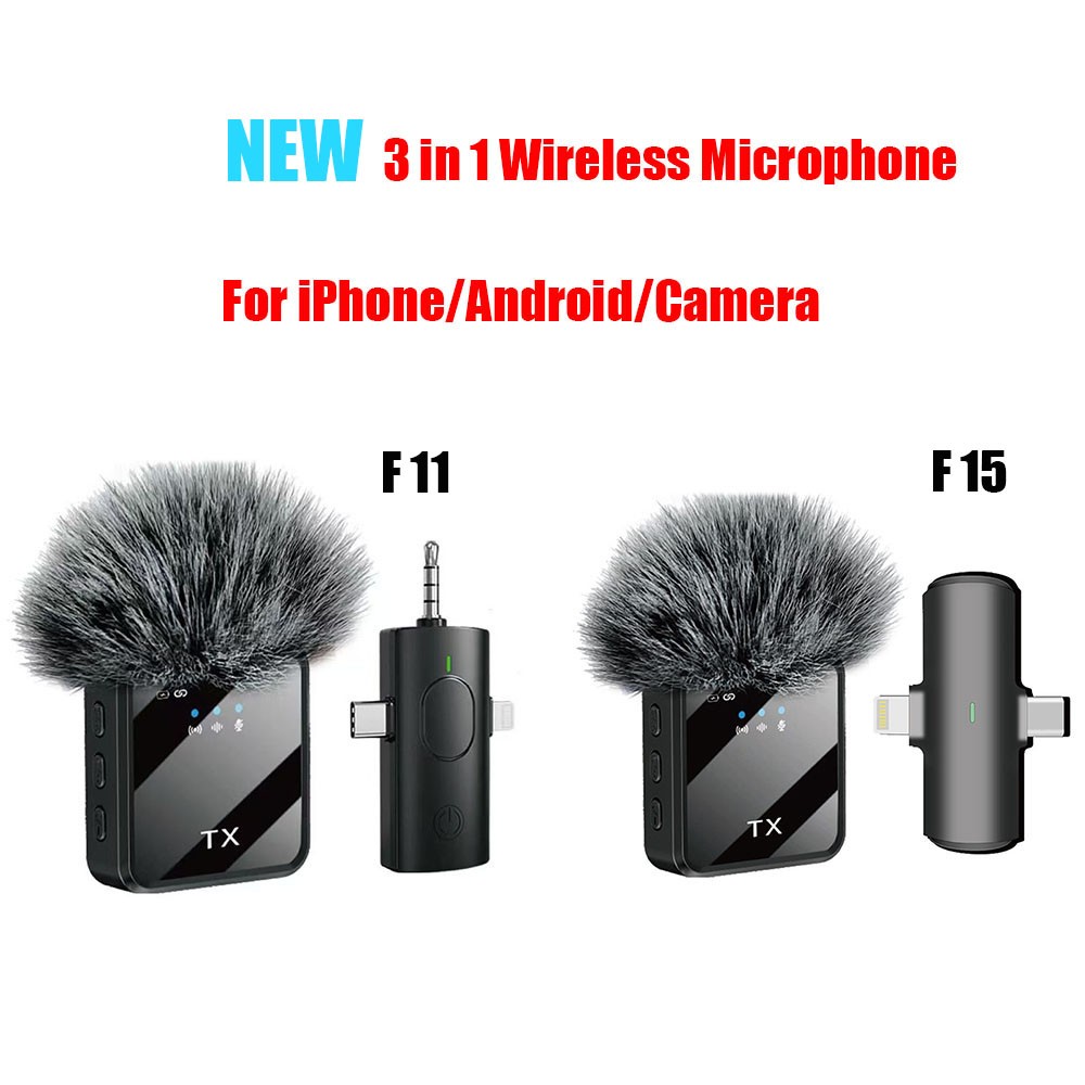 Plug-Play F11/F15 3 in 1 Wireless Lavalier Microphone For iPhone/Android/Camera