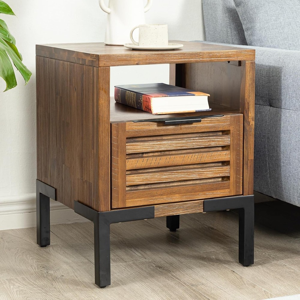 Acacia Wood Nightstand Industrial