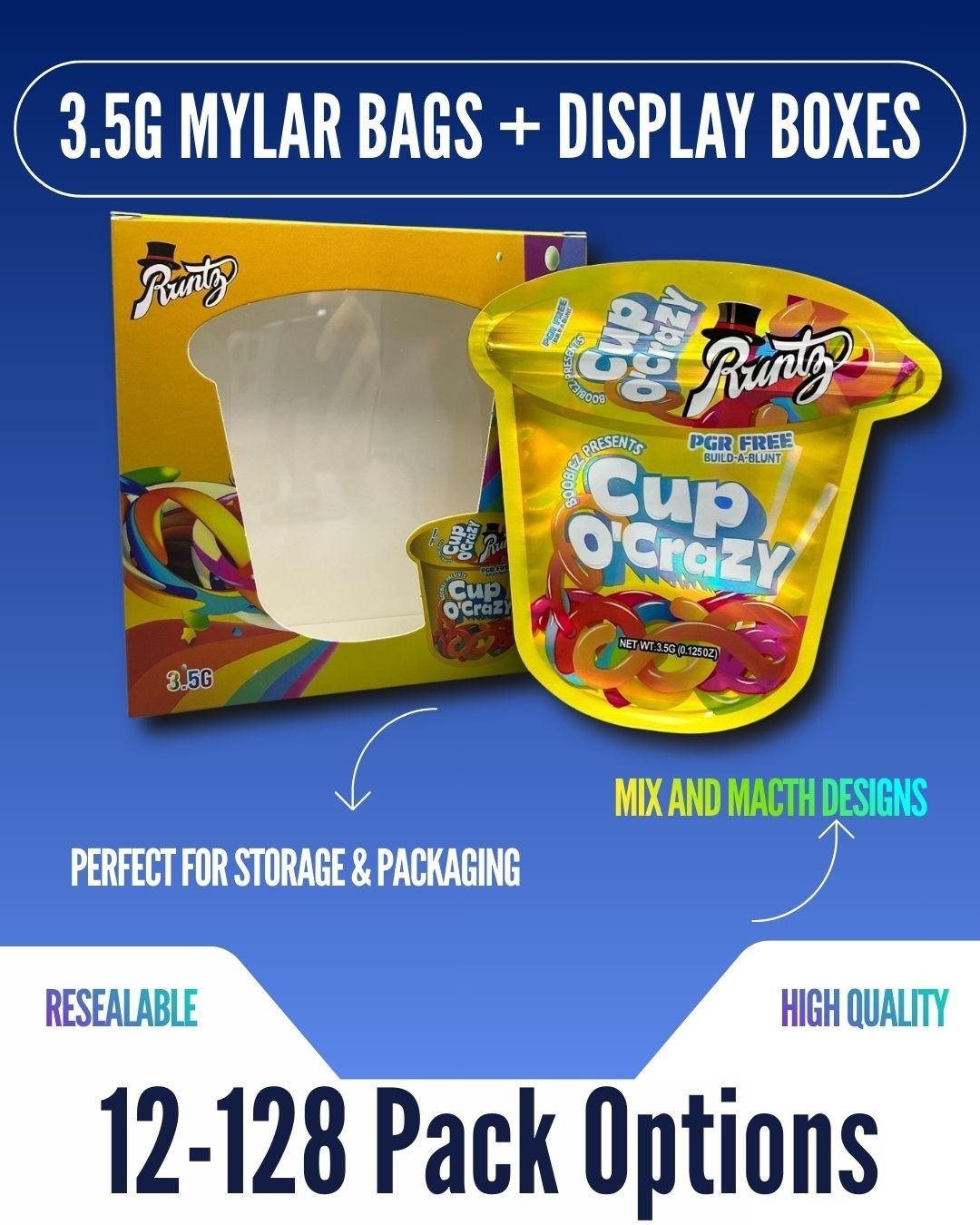 3.5g Mylar Bags With Display Box | Resealable Smell Proof | 12-128 Pack Options