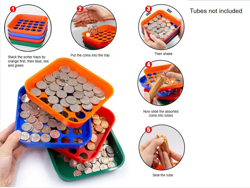 Stackable Coin Sorting Tray 4‑Color Plastic Sorter Set – Tubes Not Included