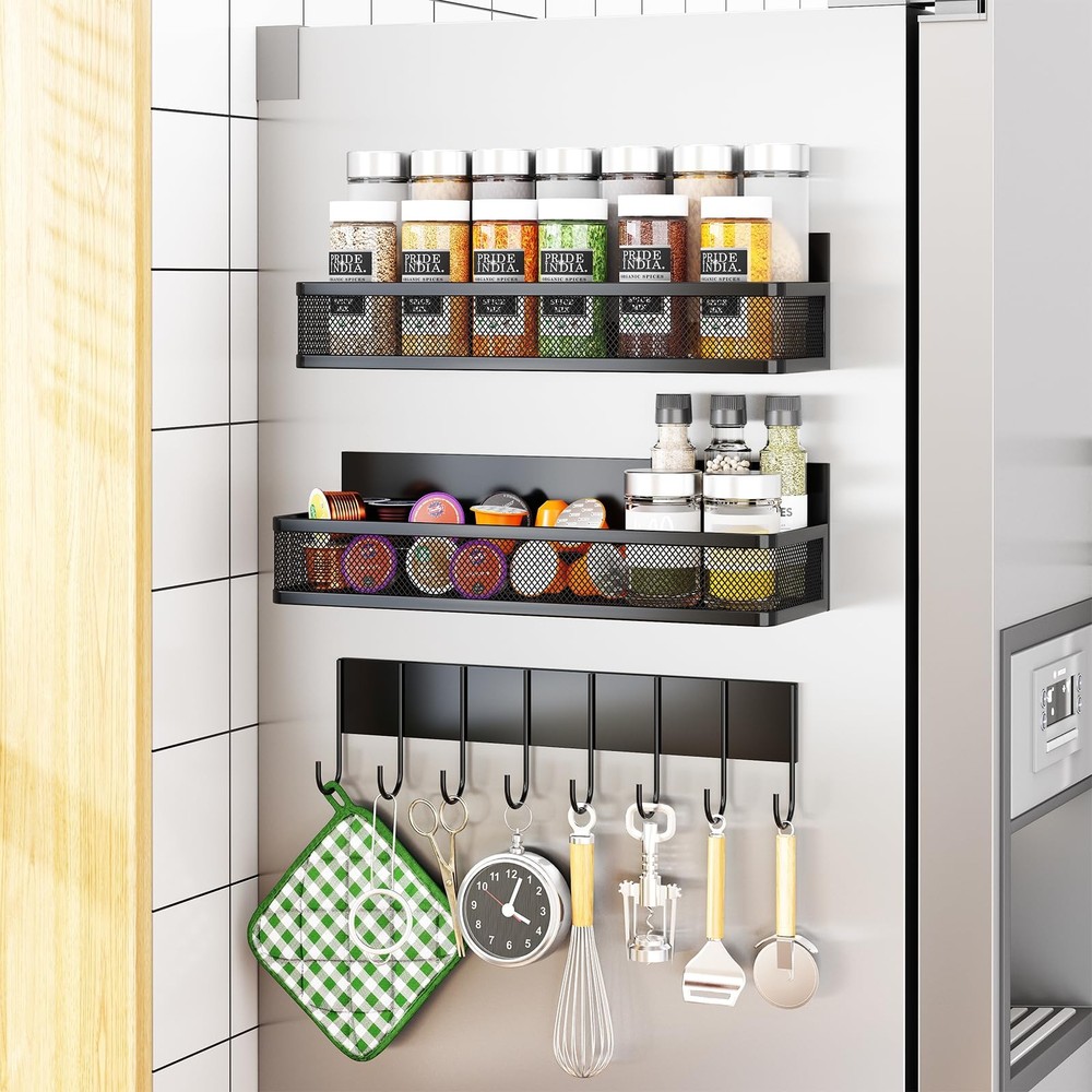 3 Tier Magnetic Spice Shelf, Refrigeor Organizer, 8 Hooks, Black