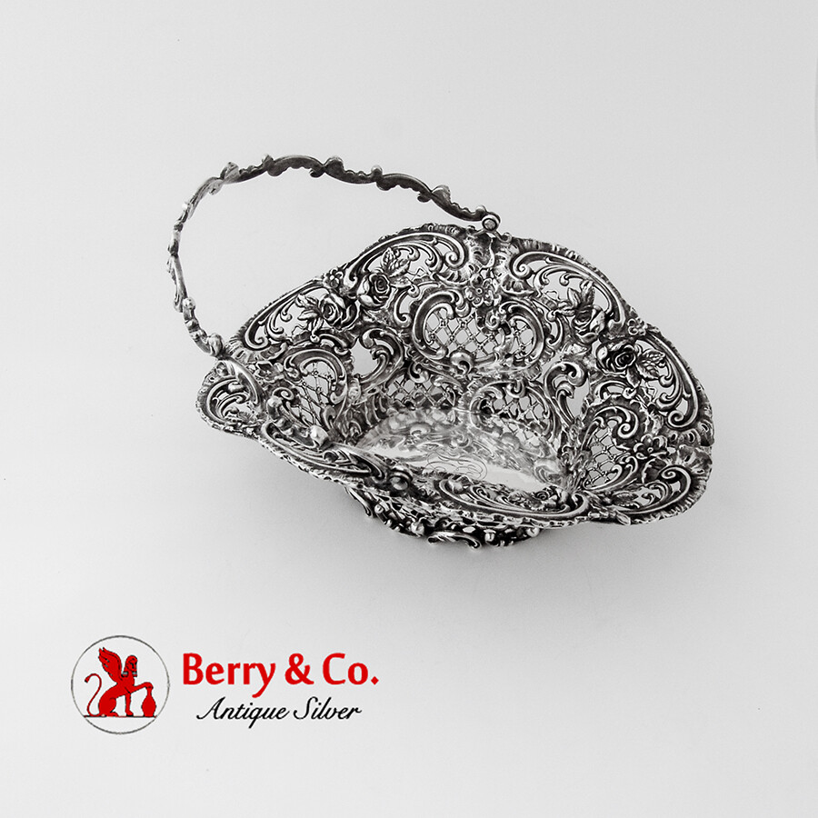Baroque Floral Scroll Openwork Basket Swing Handle Sterling Silver 1900