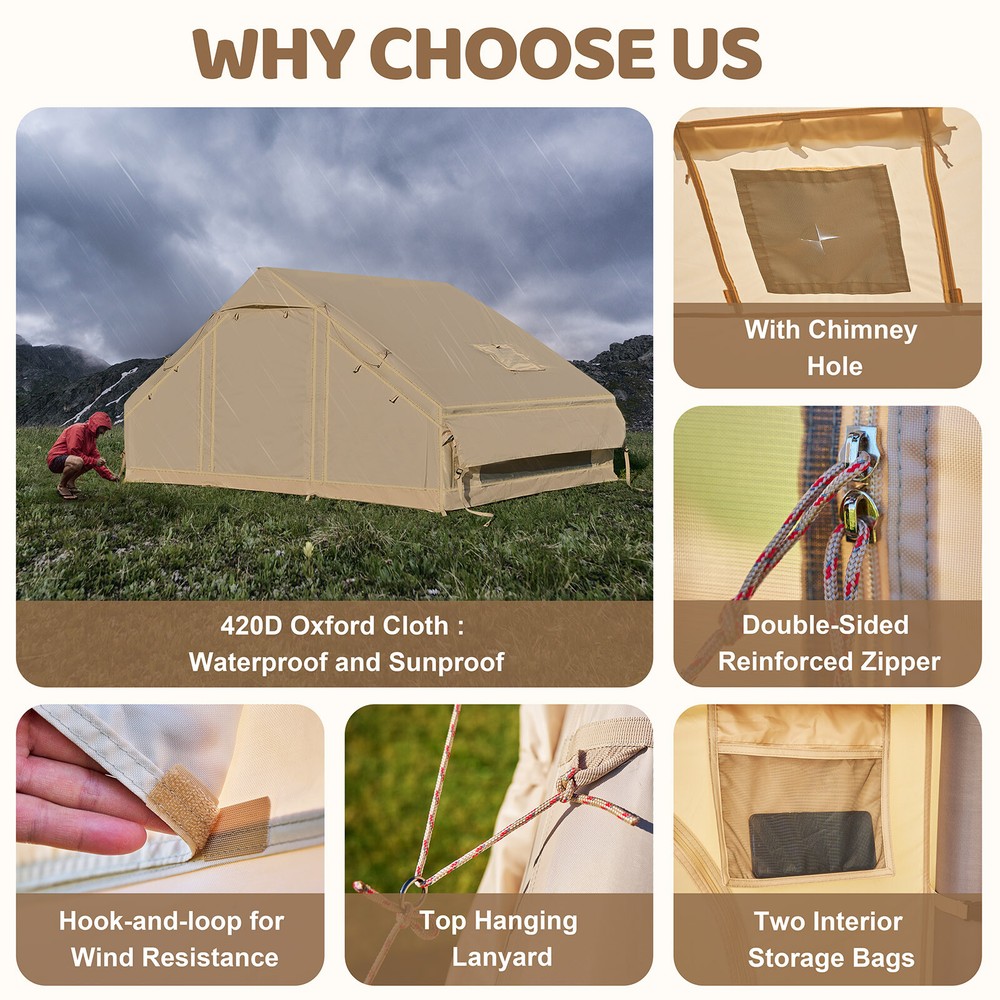 INFLATABLE CAMPING TENT WITH PUMP GLAMPING TENT EASY SETUP - Beige