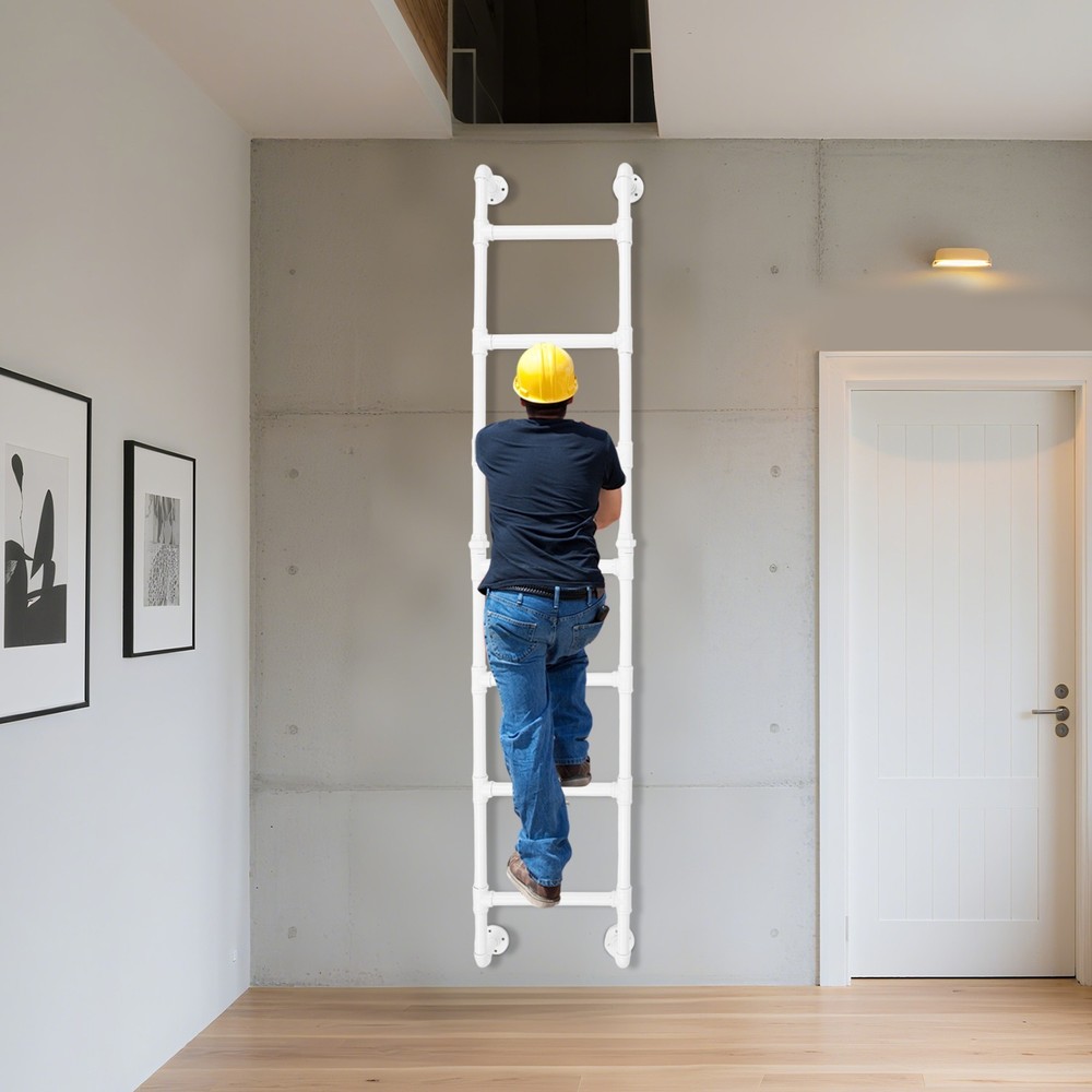 White Wall-Mounted Ladder for Attic Bunk Bed Multi-Functional 7-Step Ladder