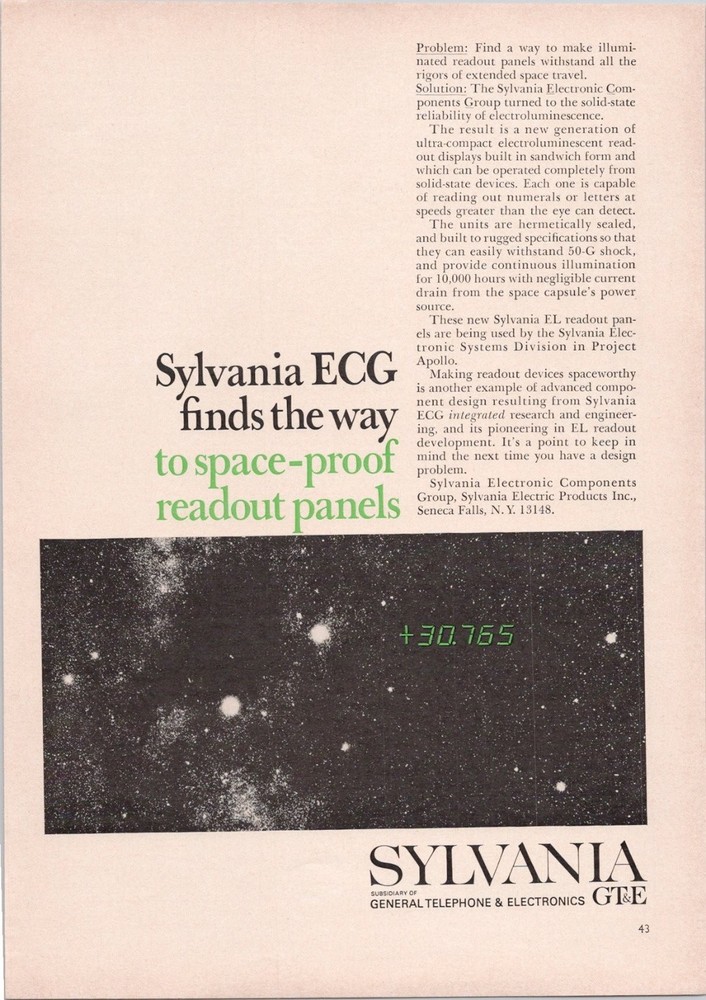 Sylvania Vintage 1966 Print Ad Space-Proof Readout Panels Apollo