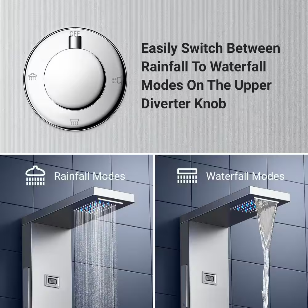 55 In. 6-Jet LED Rainfall Waterfall Shower Panel System with Adjustable Hand Bod