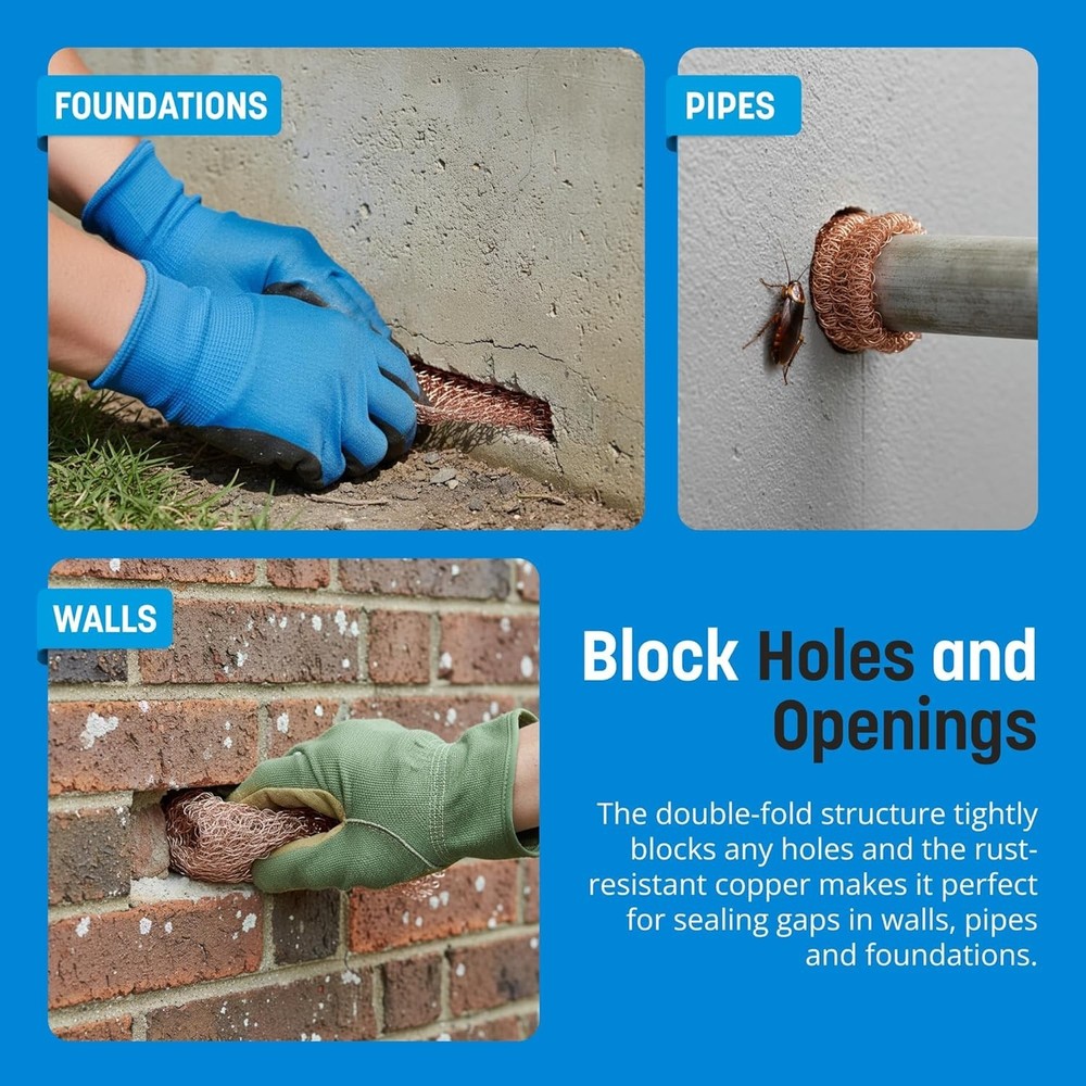 Copper Mesh Rodent Control – 5" x 30' Rustproof Copper Wool Roll for Wall Hol...