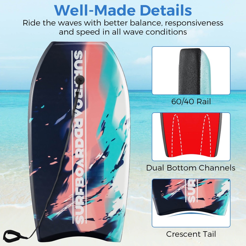 33" Lightweight Body Board with EPS Core XPE Deck HDPE Bottom Crescent Tail