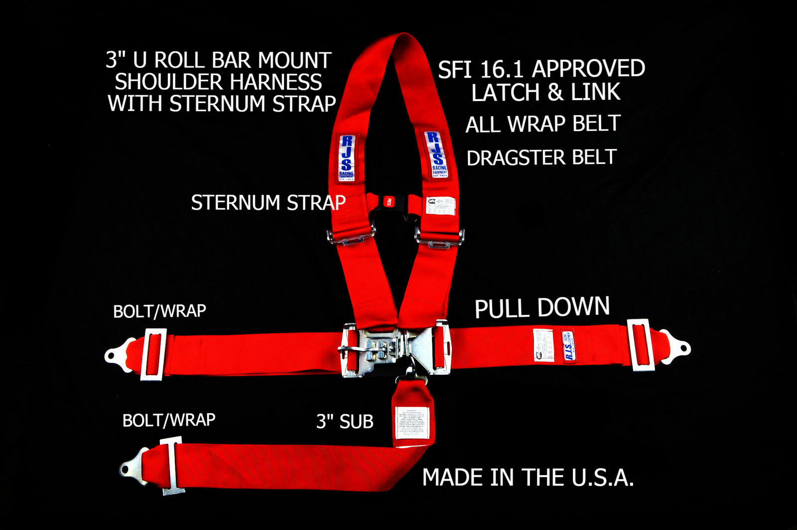 RJS SFI 16.1 LATCH & LINK HARNESS DRAGSTER U WRAP ROLL BAR 5 POINT RED 1133604