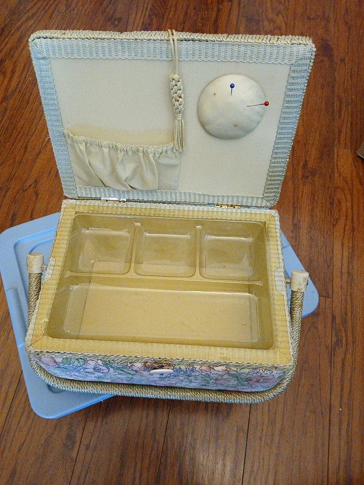 Vintage Fabric Covered Sewing Box with Handle
