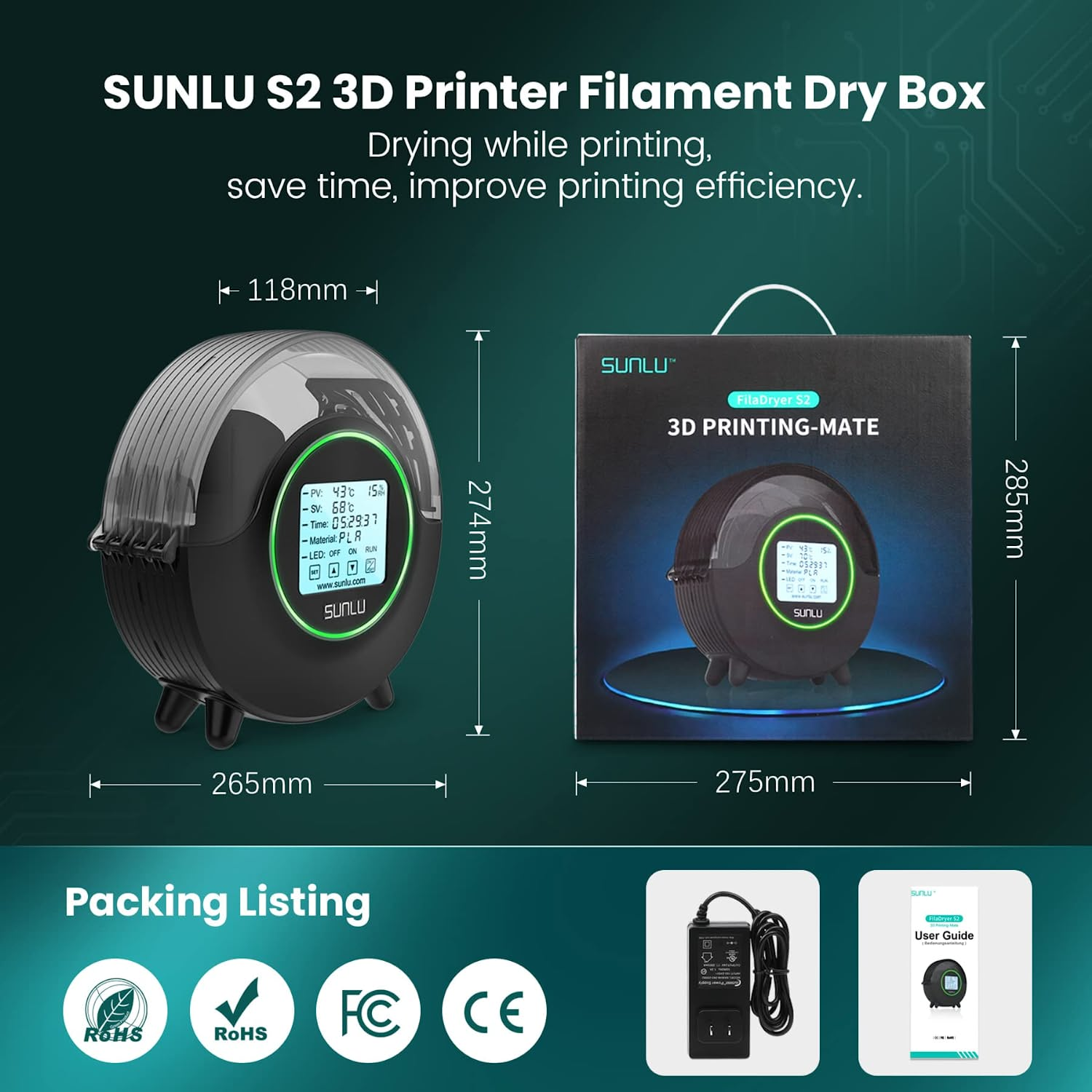 Sunlu S1/Upgraded S2 FilaDryer 3D Printer Filament Dryer 1.75mm Storage Box