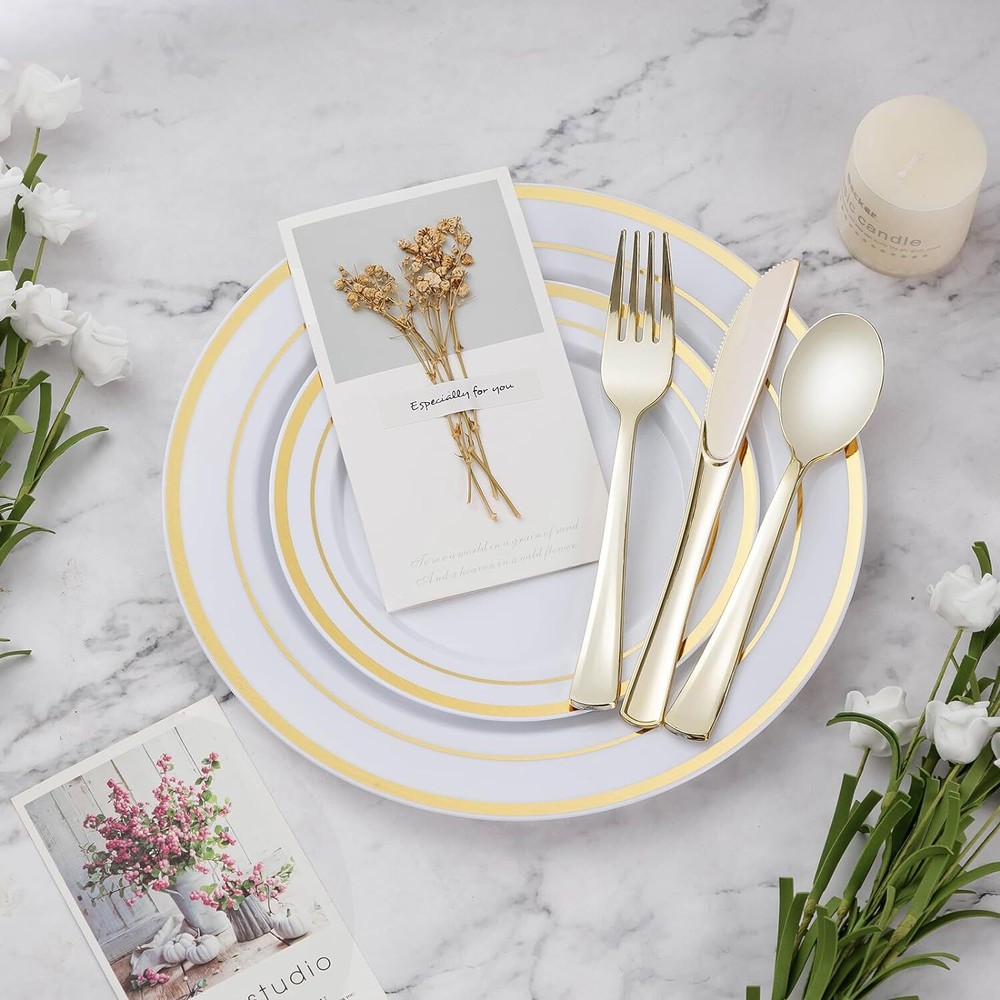 600PCS Dinnerware Set for 100 Guests Gold Disposable Plates Cups Silverware