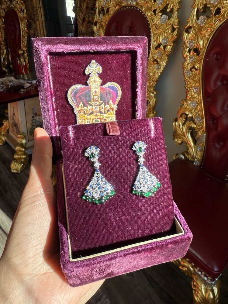 Mesmerizing Dancing Jade Dangle Drop Genuine Emerald Sapphire Earrings