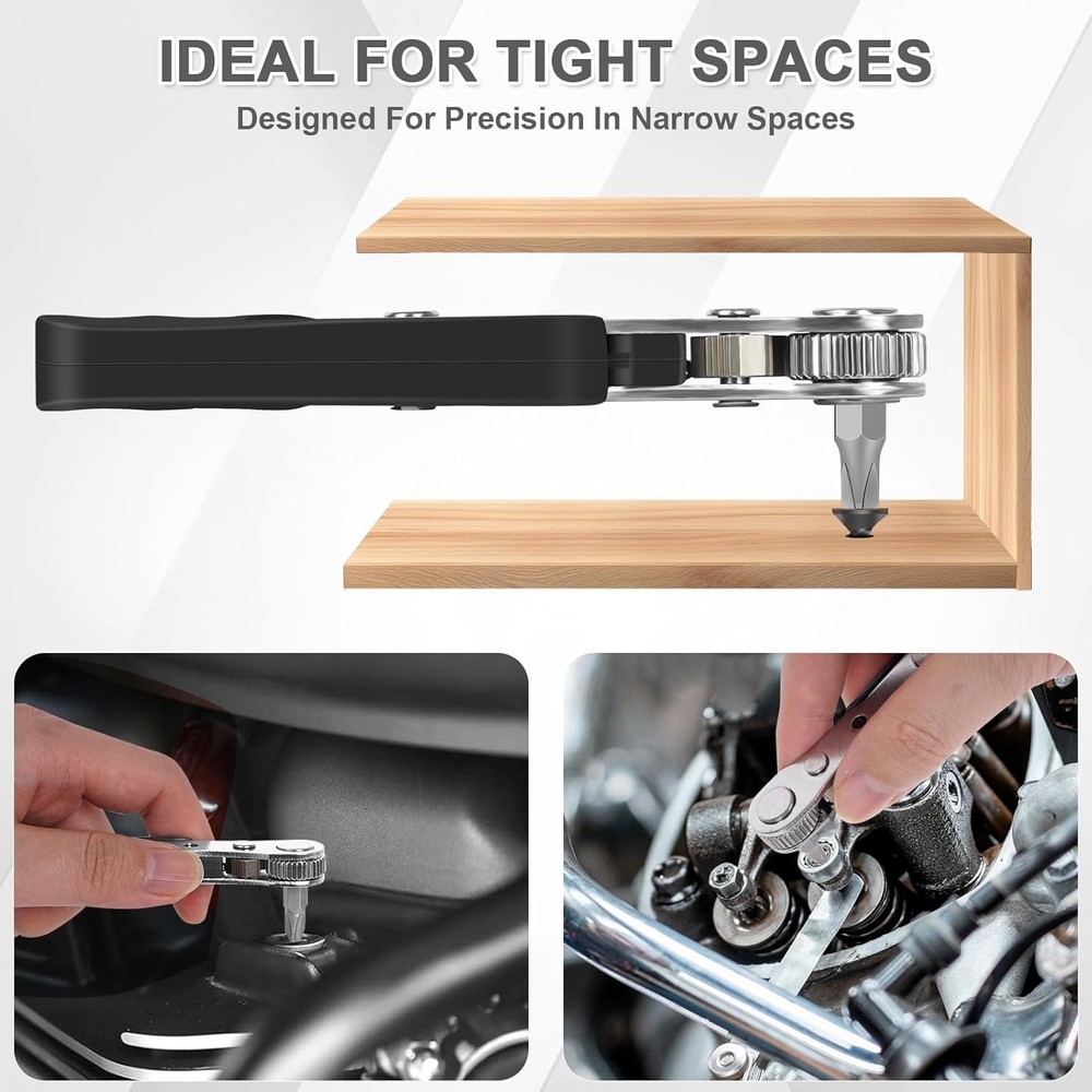 Ratcheting Right Angle Screwdriver Hex Drive 90 Degree Offset + 10pc Bits Set