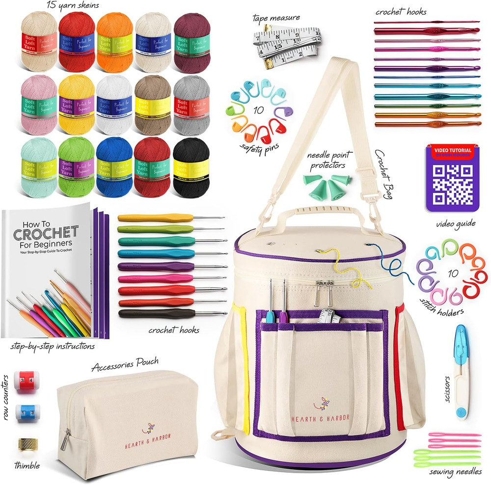 Beginner Crochet Kit with Yarn, Hooks, Bag, and Video Tutorials for All Ages