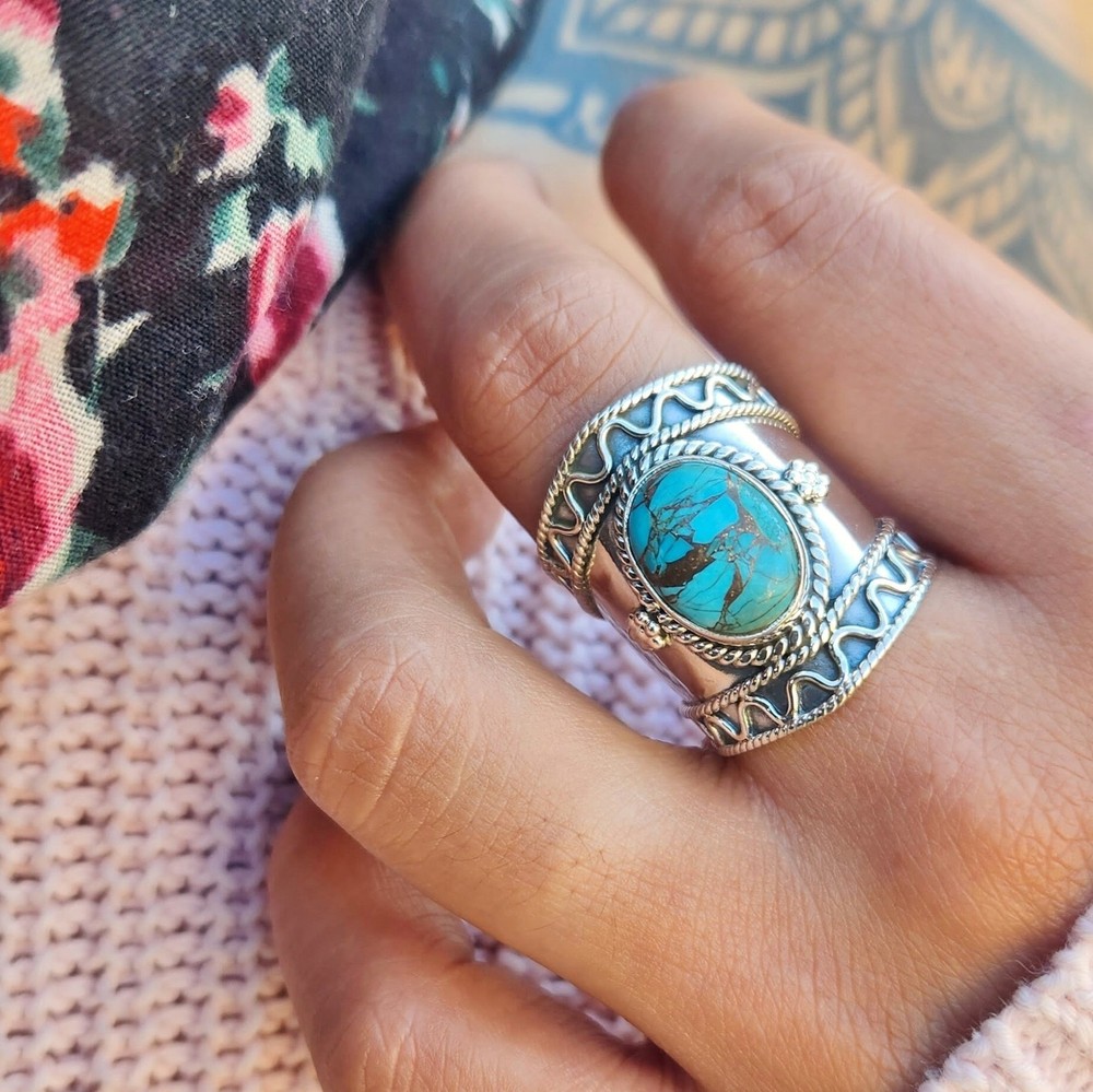 Genuine Turquoise Ring 925 Sterling Silver Boho Copper Turquoise Statement Ring