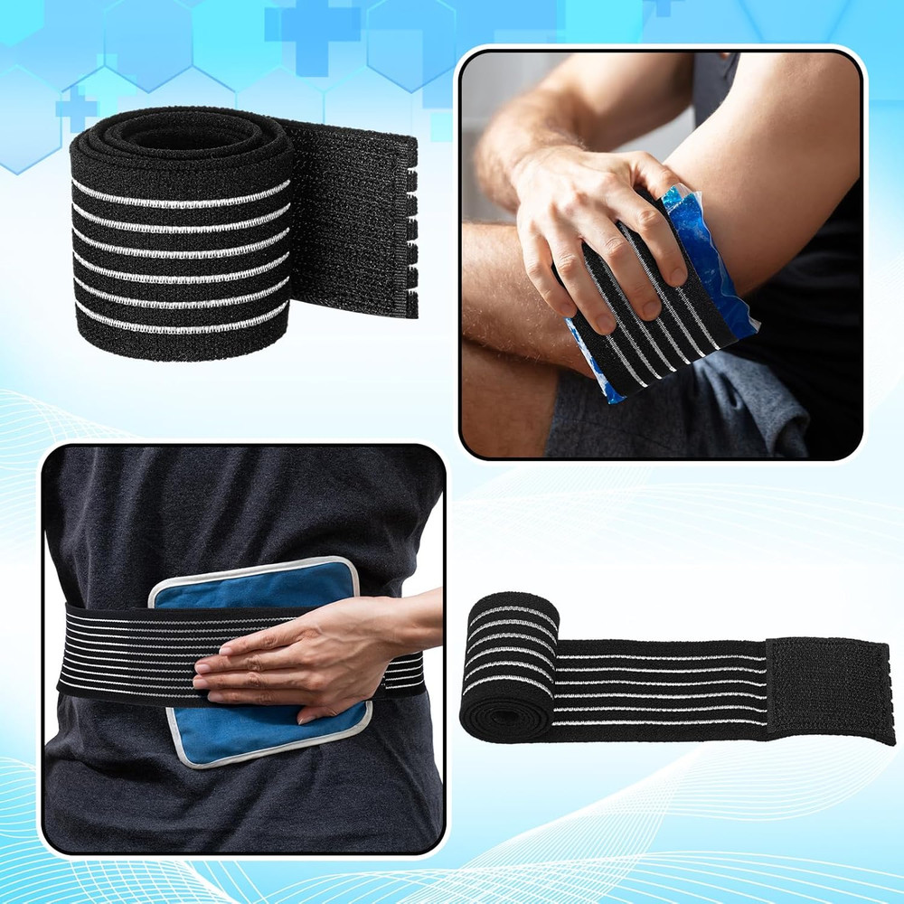 4-Pack Ice Pack Strap Extenders, Elastic Hook & Loop Bands, 4 Sizes, Black