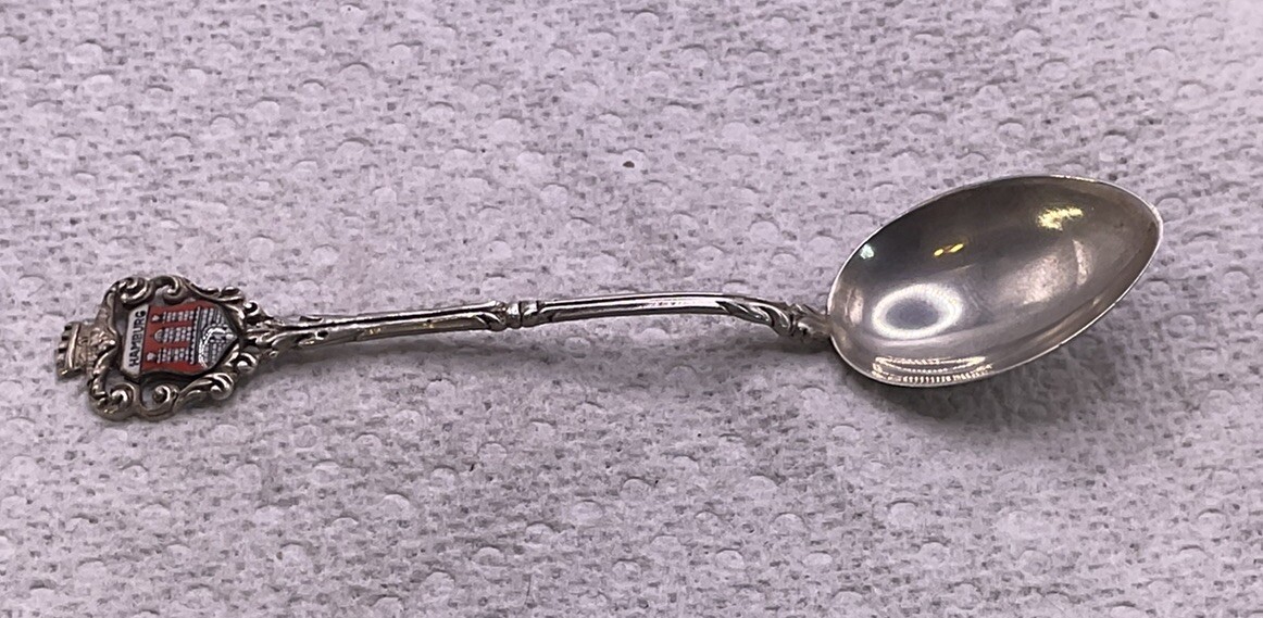 ANTIQUE .835 SILVER HAMBURG PORCELAIN SHEILD SOUVENIR SPOON 4 1/4”