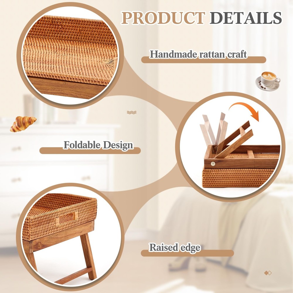 Rattan Breakfast Table Tray with Foldable Legs Rectangular Butler Snack Servi...