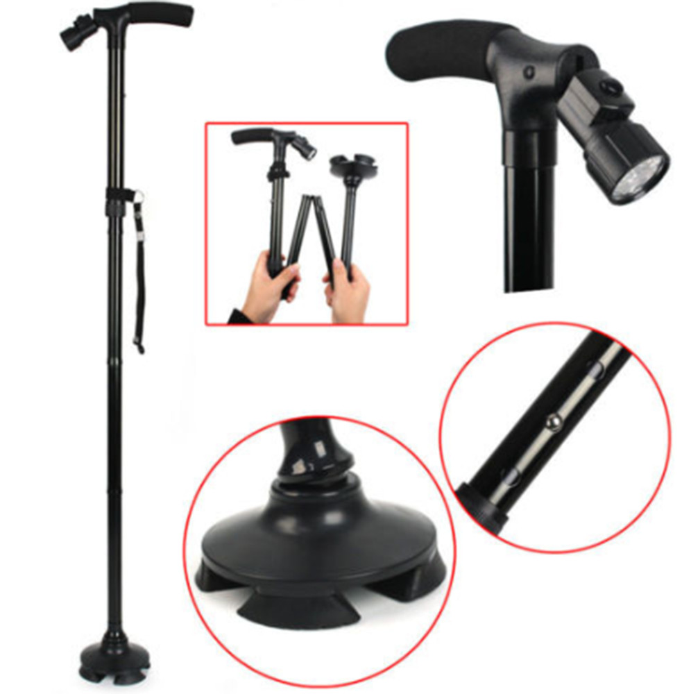 LED Walking Stick Cane All Terrain Pivoting Base Folding Pole Adjustable Height