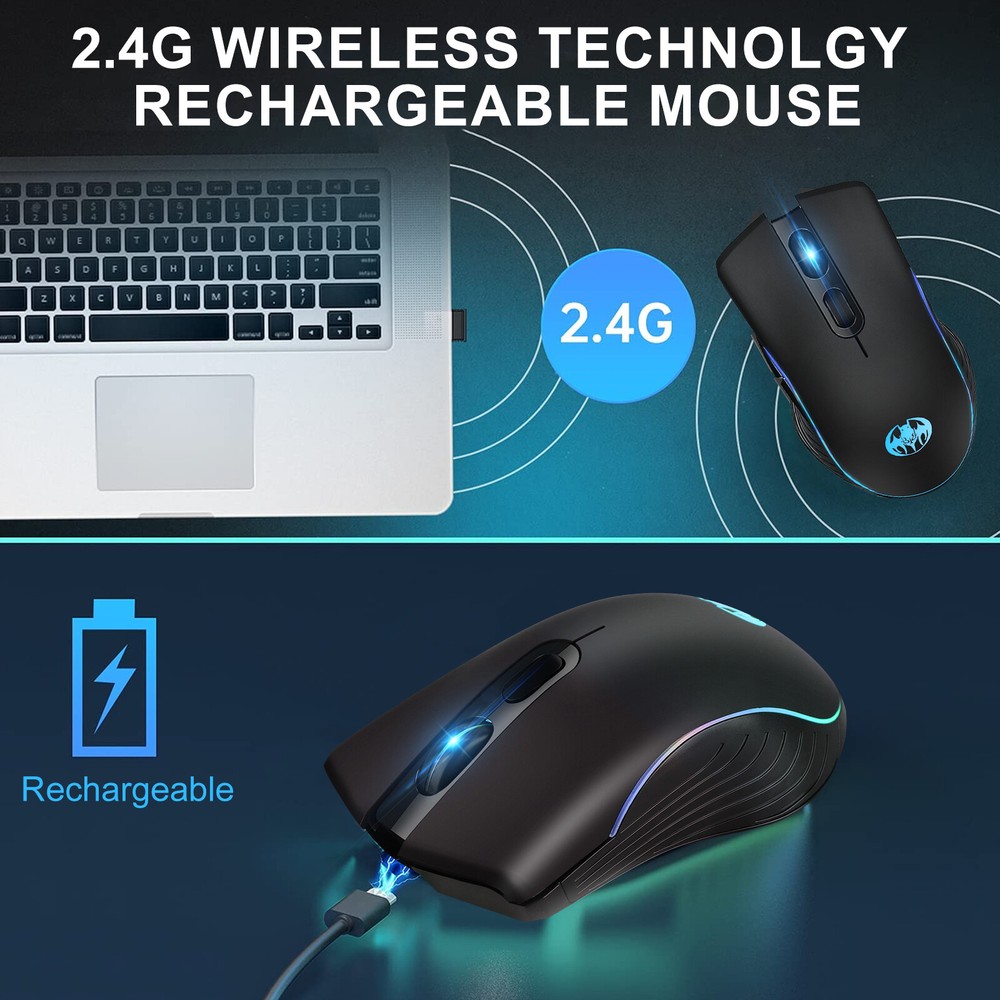 Wireless Gaming Mouse 2.4GHz Rechargeable Optical Mouse 7 Colors LED Backlit PC