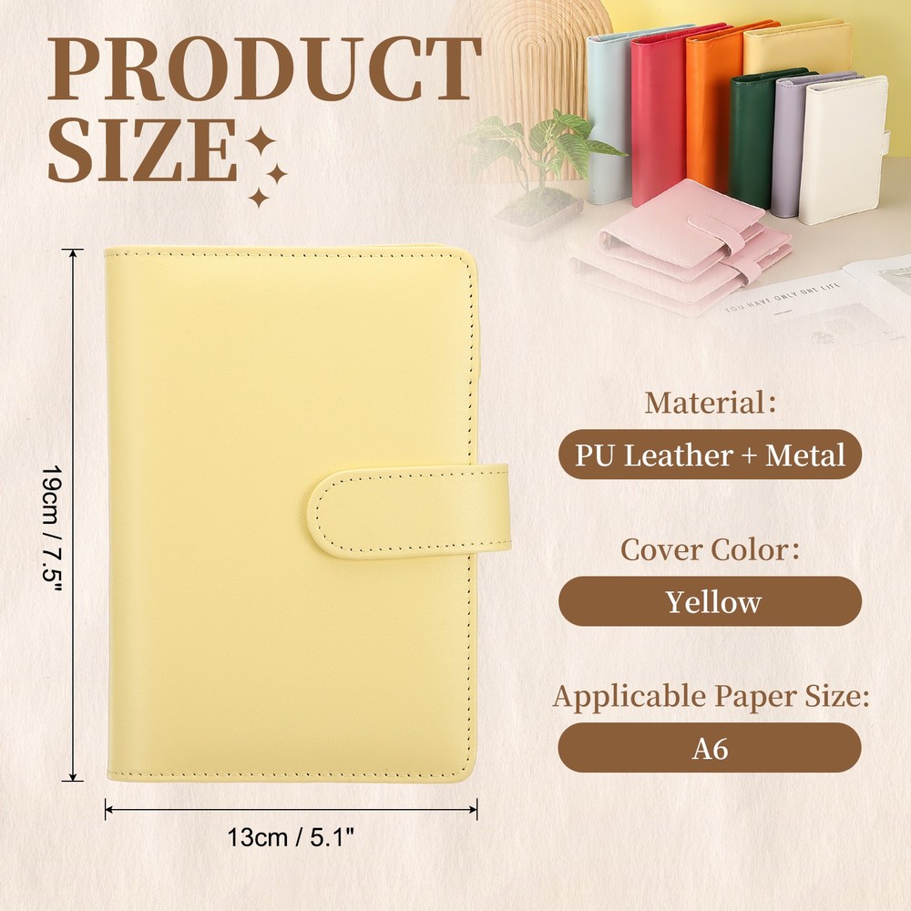 A6 PU Leather Binder Protector, 6 Ring Loose Leaf Notebook Shell, Yellow