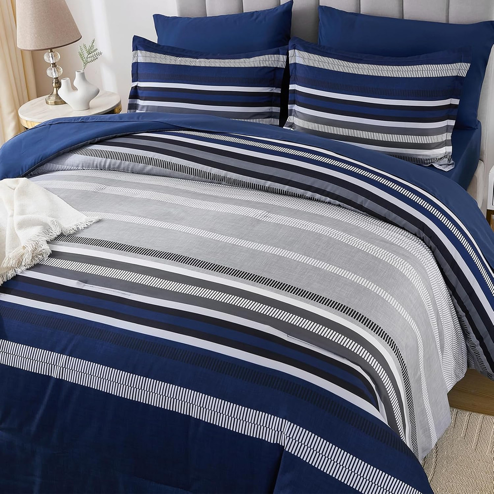 Navy Blue Queen Comforter Set 7 Pieces, Boho Striped Bed in a Bag Queen Size Sof