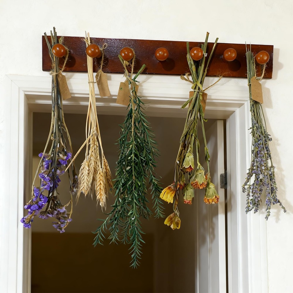 Rustic Hanging Herb Drying Rack–Space-Saving Design Holds 7 Bouquets,Fits Win...