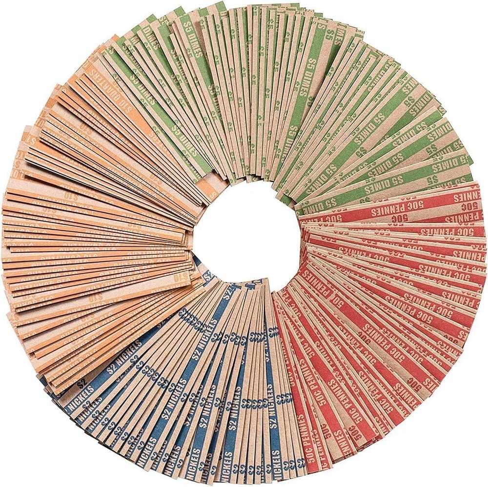 Flat Coin Roll Wrappers - 100 Assorted, Including Quarters, Dimes, Nickels
