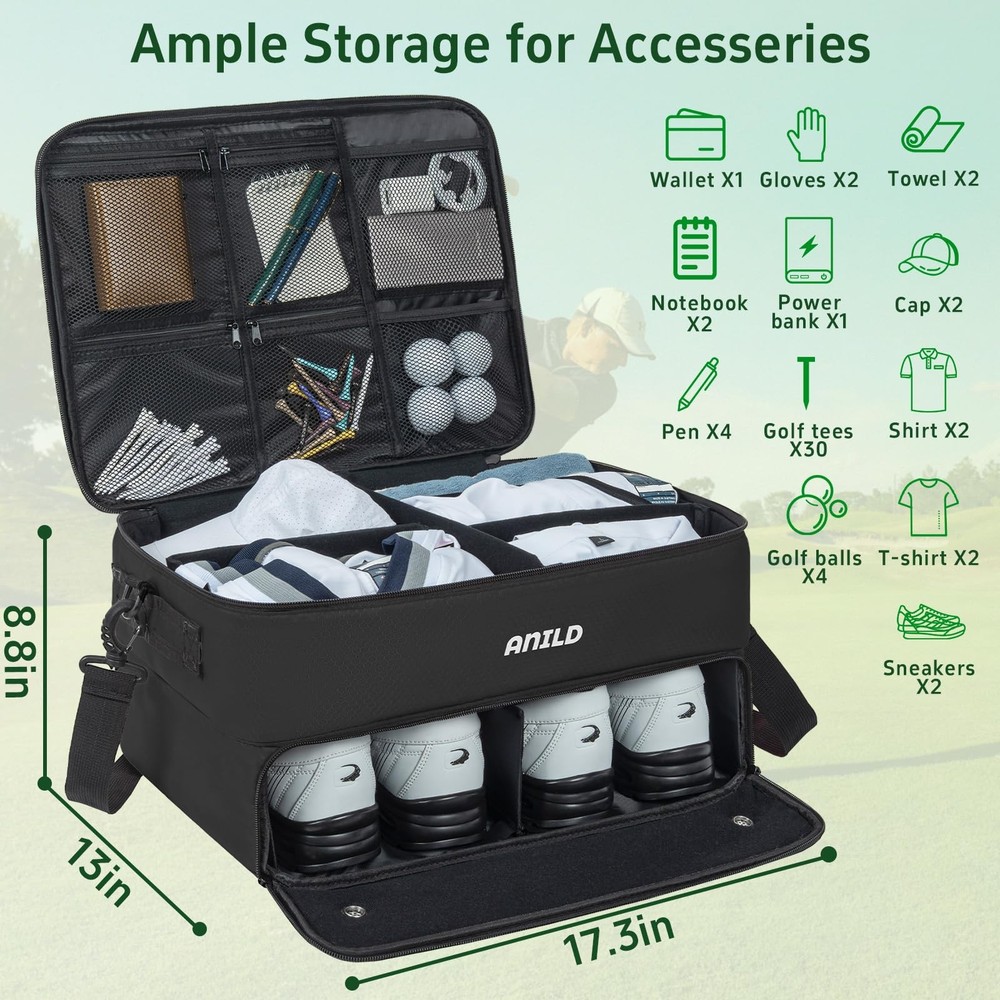 ANILD Golf Trunk Organizer, 2 Layer Storage Case with Separate Black