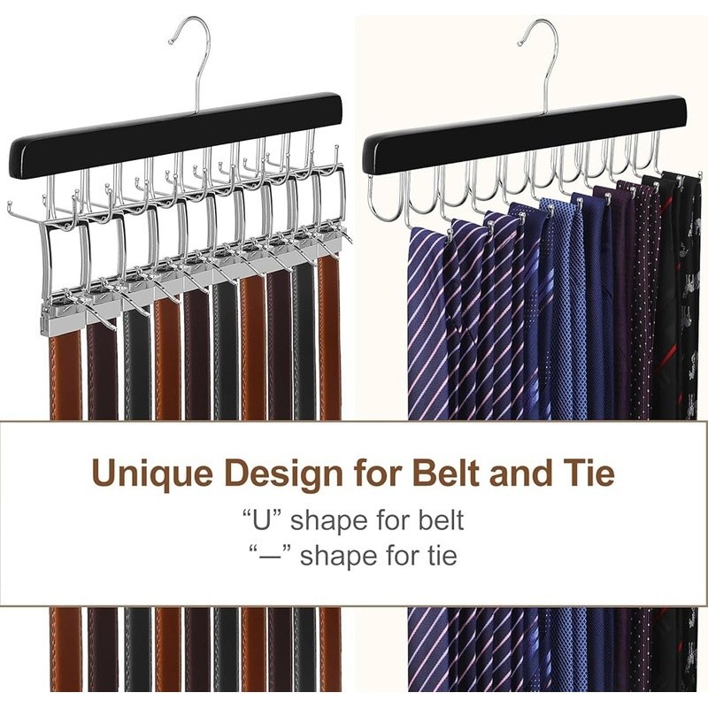 Belt & Tie Organizer Wood Multi Functional Hanger Storage Rack Foldable Hooks US