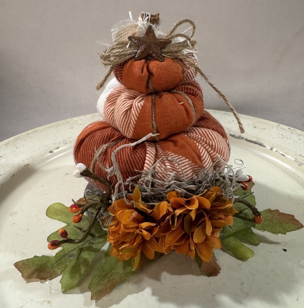 Handcrafted Primitive Fall Stuffed Stacking Pumpkin Shelf Sitter Round Base