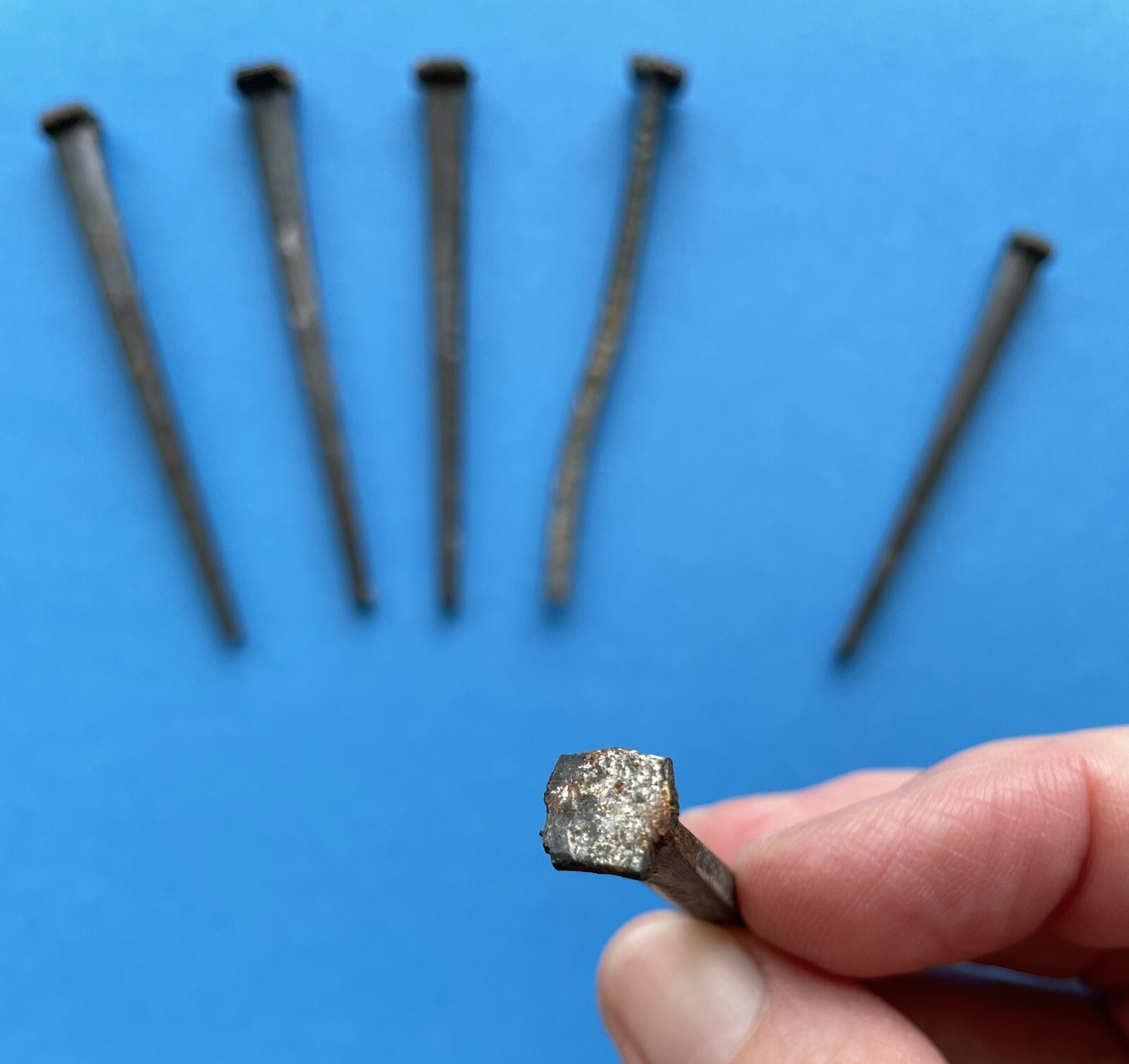 Lot Of 5 Iron Hand Cut 3” Square Head Nails Used Rusty Vintage (plus One 2.5”)