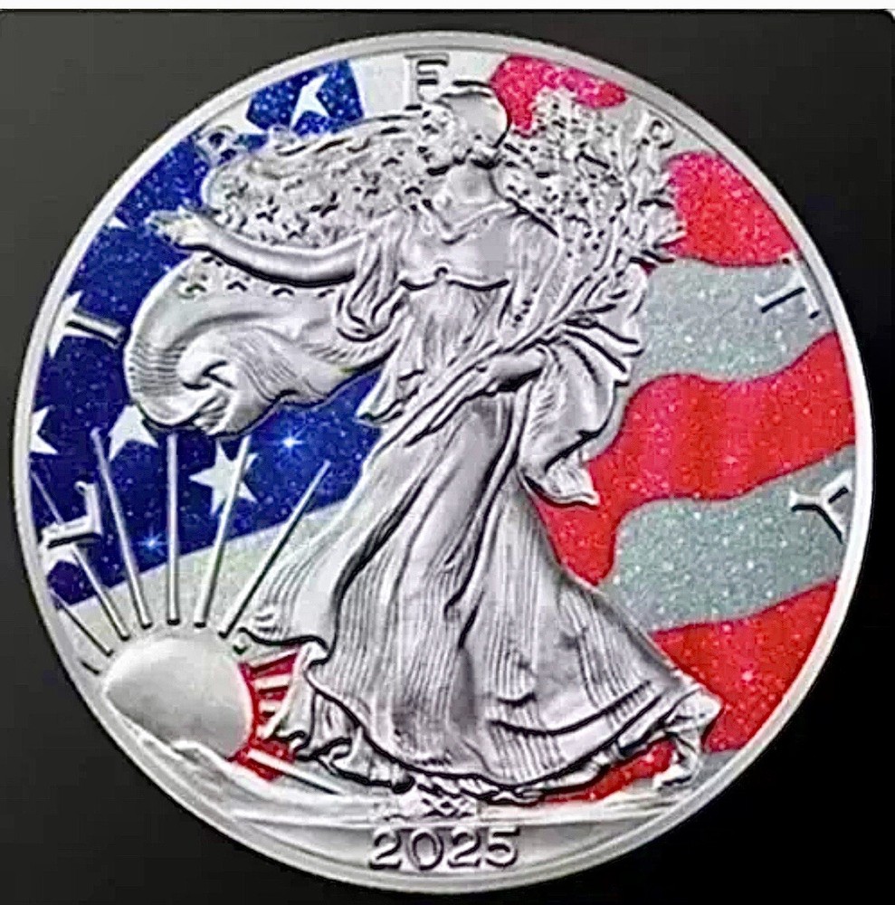 🇺🇸2025 Three Precious Stone Flag Ruby/Sapphire/ Diamond Dust 1oz Silver Coin