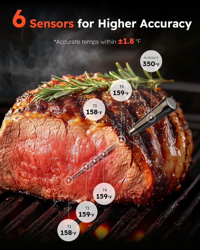 Smart Bluetooth Wireless Meat Thermometer, Standalone Base & APP Control, 6 S...