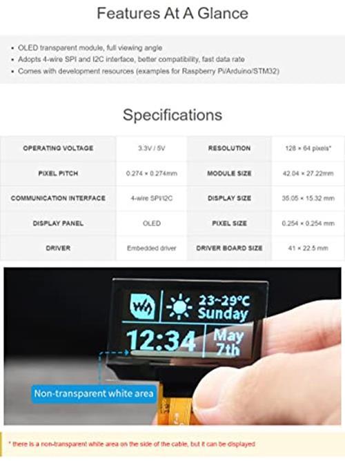 1.51inch Transparent OLED 128×64 Resolution Compatible with Raspberry Pi