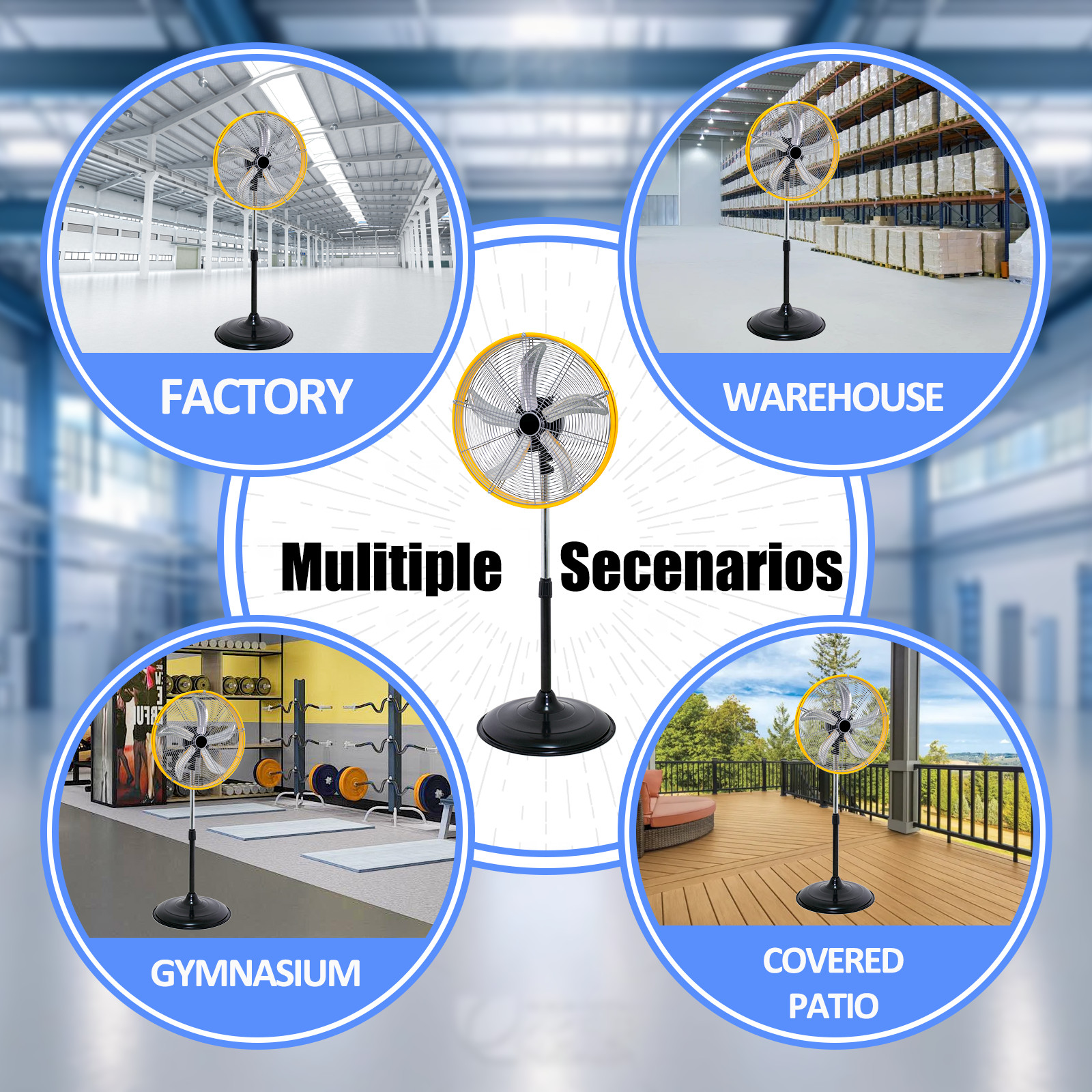 4900 CFM 20" Industrial Pedestal Fan, 3-Speed Oscillating with Drum Head