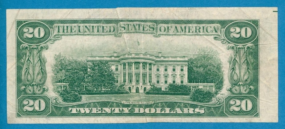 $20. 1950-A CHICAGO DISTRICT, GUTTER ON FACE + MISALIGNED REVERSE ERROR
