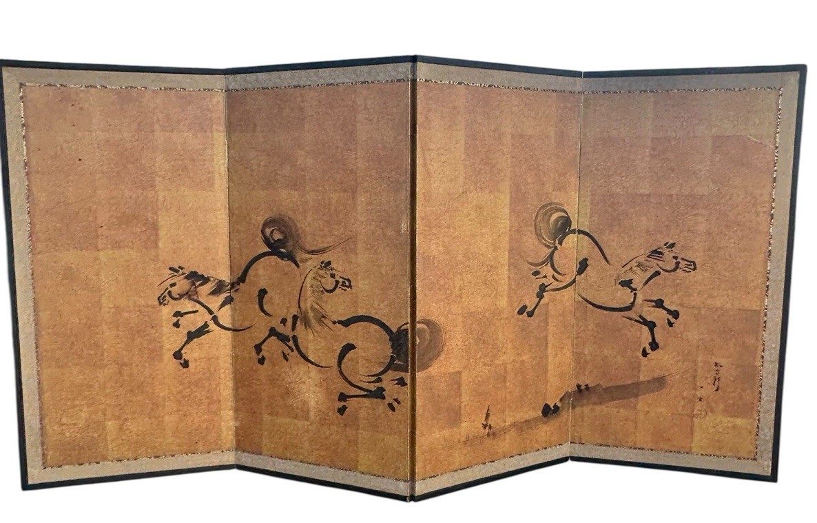 Byobu Horse Art Folding Screen Asian Ink Painted Spirited Horses 4 Panel