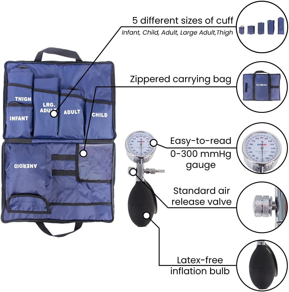 Dixie EMS Aneroid Sphygmomanometer Kit 5 Cuff System Manual Blood Pressure Set