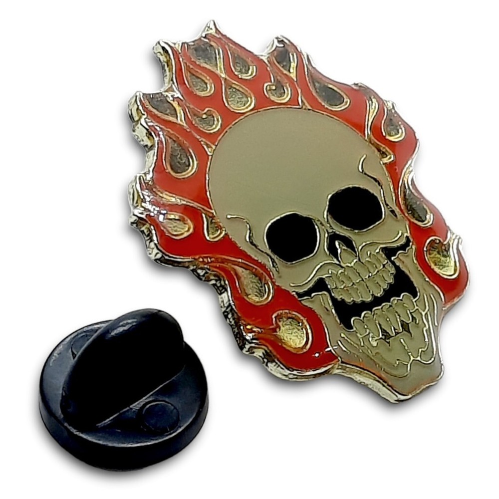 Evil Burning Skull Enamel Push Pin Biker Jacket Lapel Flames Fire Skeleton Death