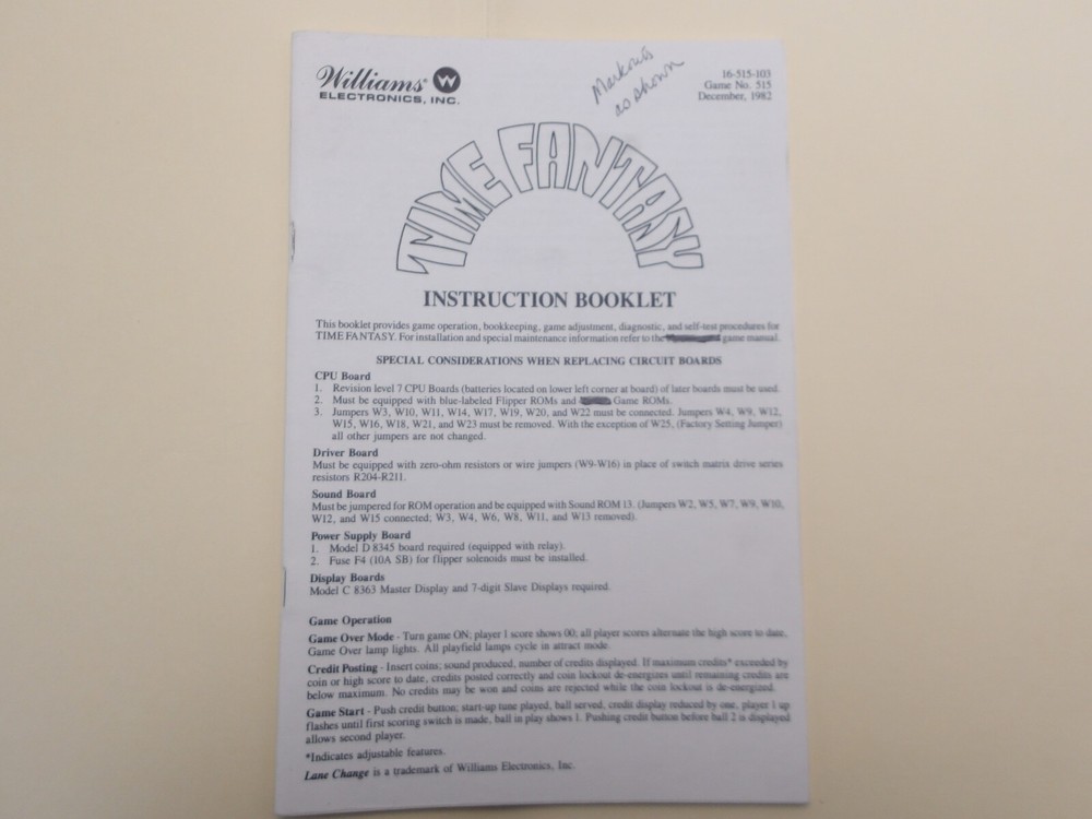 Williams: Time Fantasy- Instruction Booklet