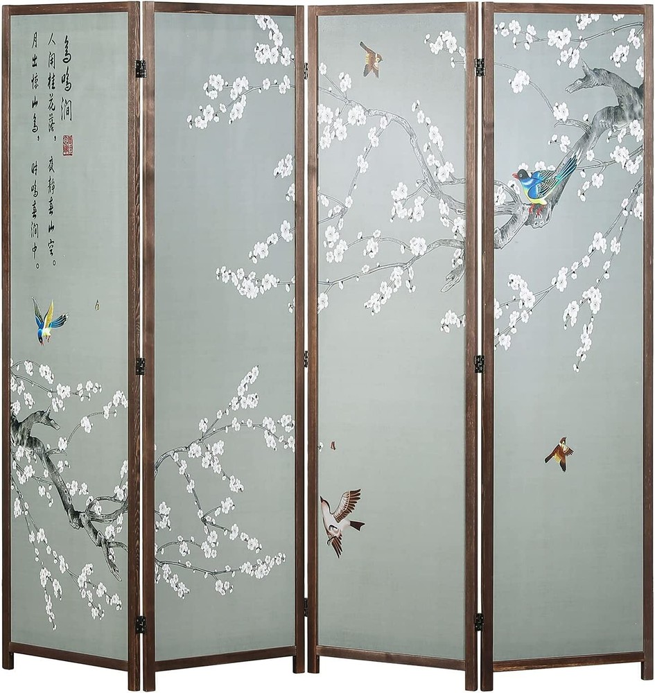 4-Panel Modern Asian-Inspired Folding Room Divider with Brown Wooden Frame