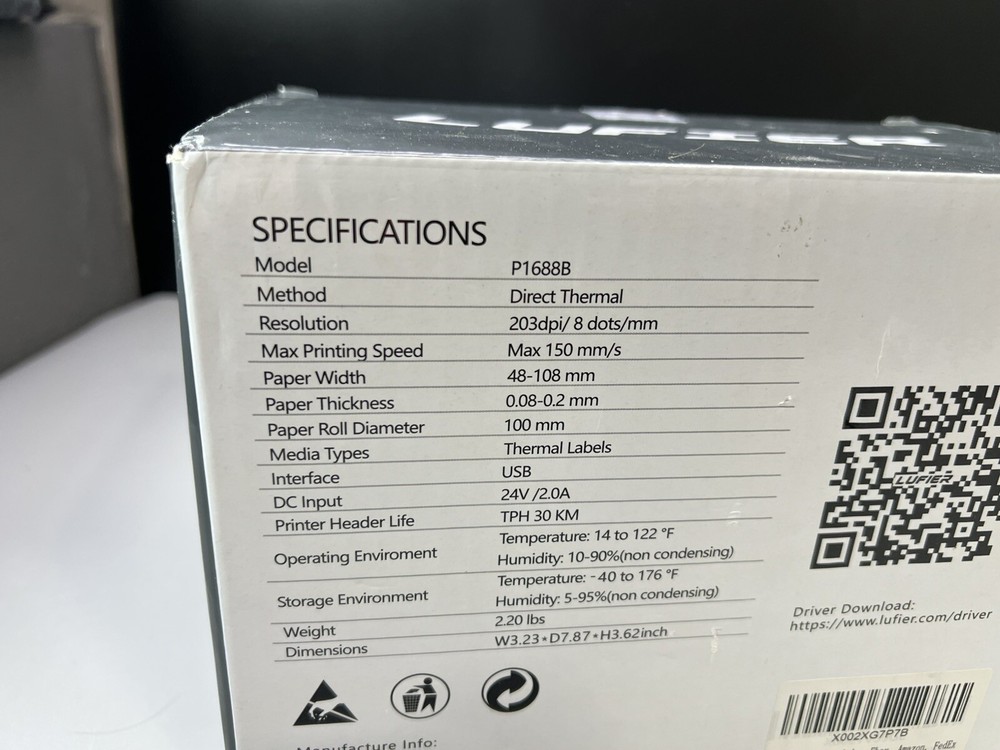 Lufier Commercial Thermal Label Printer P1688B OPEN BOX