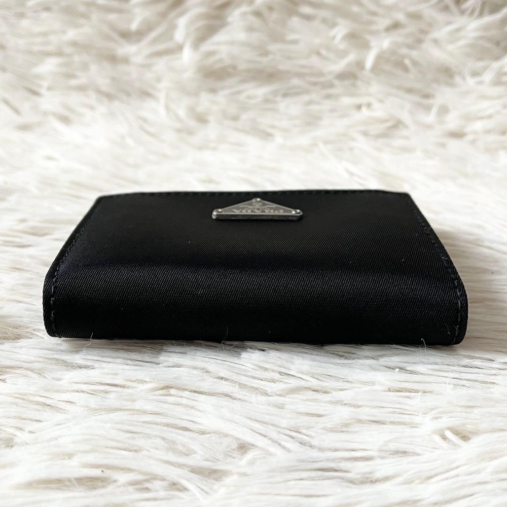 PRADA Triangle Logo Plate Compact Bi-Fold Wallet Black
