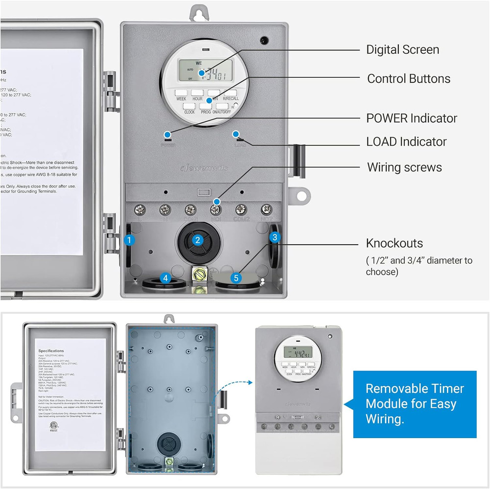 Pool Pump Timer, Digital Timer Box, 2HP 40A 120-277 VAC, 7-Day 20 On/Off Program
